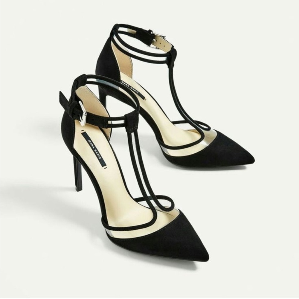 ZARA PLEXI BLACK SUEDE CLEAR VINYL ANKLE STRAPPY STILETTO HEELS POINTED TOE 36